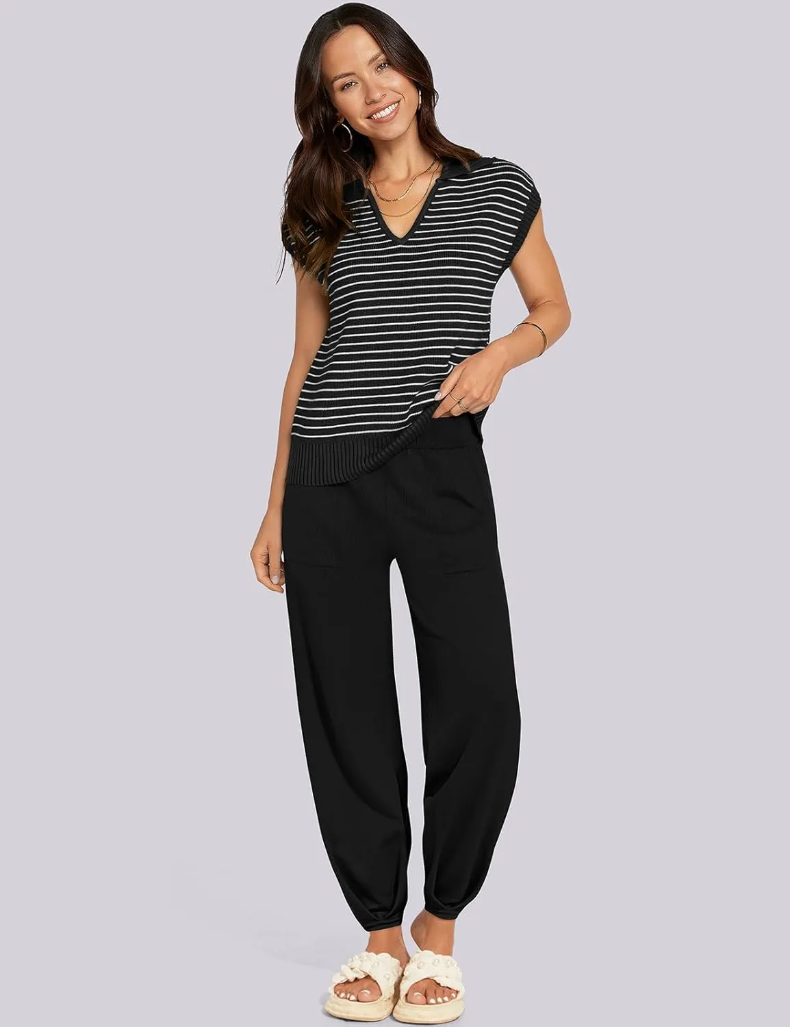 UEU Women's 2 Piece Outfits 2025 Summer Striped Knit Sweater Vest Top & Pants Casual Travel Matching Trendy Lounge Sets