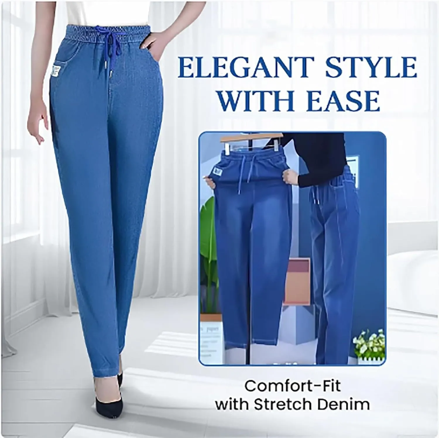 uhnmki ComfiJeans - High Waist Ultra-Stretch Mom Jeans, Lightweight Stretch Jeans, Drawstring Elastic Waist Jeans