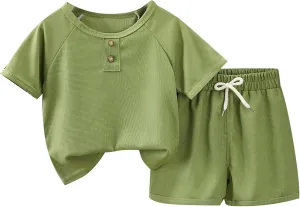 Unisex oys irls 2 Piece Outfits 2025 Solid Color Short Sleeve Patchwork T Shirt and Shorts Summer Casual Clothing Set