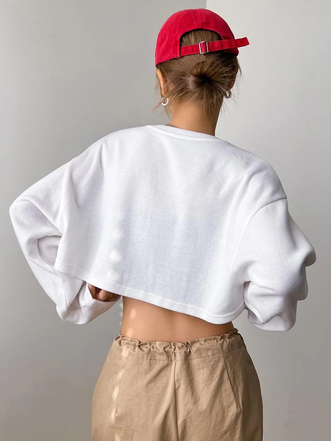 Verdusa Women's Casual Crewneck Long Sleeve Crop Tops Drop Shoulder Asymmetrical High Low Hem Sweatshirts Top