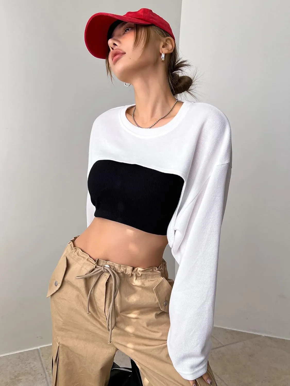 Verdusa Women's Casual Crewneck Long Sleeve Crop Tops Drop Shoulder Asymmetrical High Low Hem Sweatshirts Top