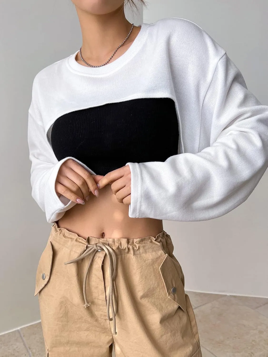Verdusa Women's Casual Crewneck Long Sleeve Crop Tops Drop Shoulder Asymmetrical High Low Hem Sweatshirts Top