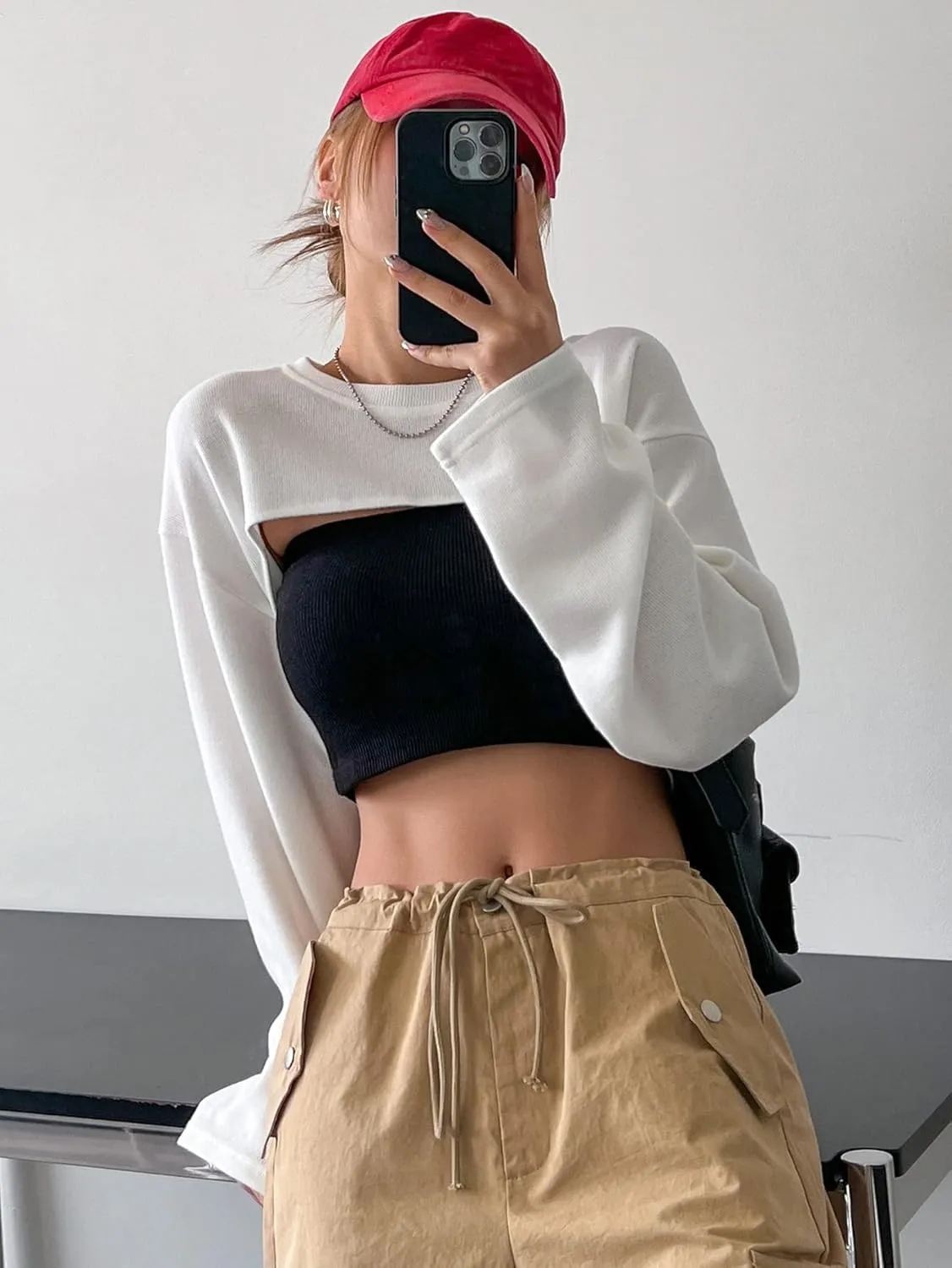 Verdusa Women's Casual Crewneck Long Sleeve Crop Tops Drop Shoulder Asymmetrical High Low Hem Sweatshirts Top