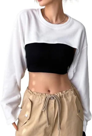 Verdusa Women's Casual Crewneck Long Sleeve Crop Tops Drop Shoulder Asymmetrical High Low Hem Sweatshirts Top