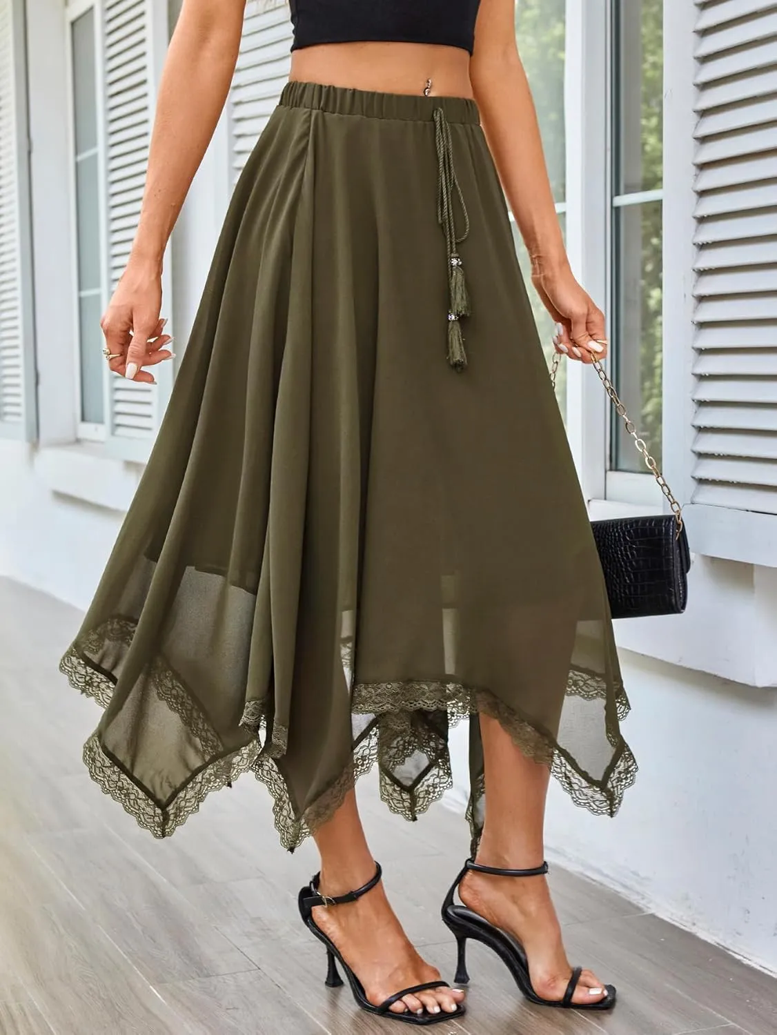 Verdusa Women's Elastic Waist Lace Trim Asymmetrical Flowy Long Skirt