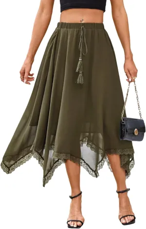 Verdusa Women's Elastic Waist Lace Trim Asymmetrical Flowy Long Skirt