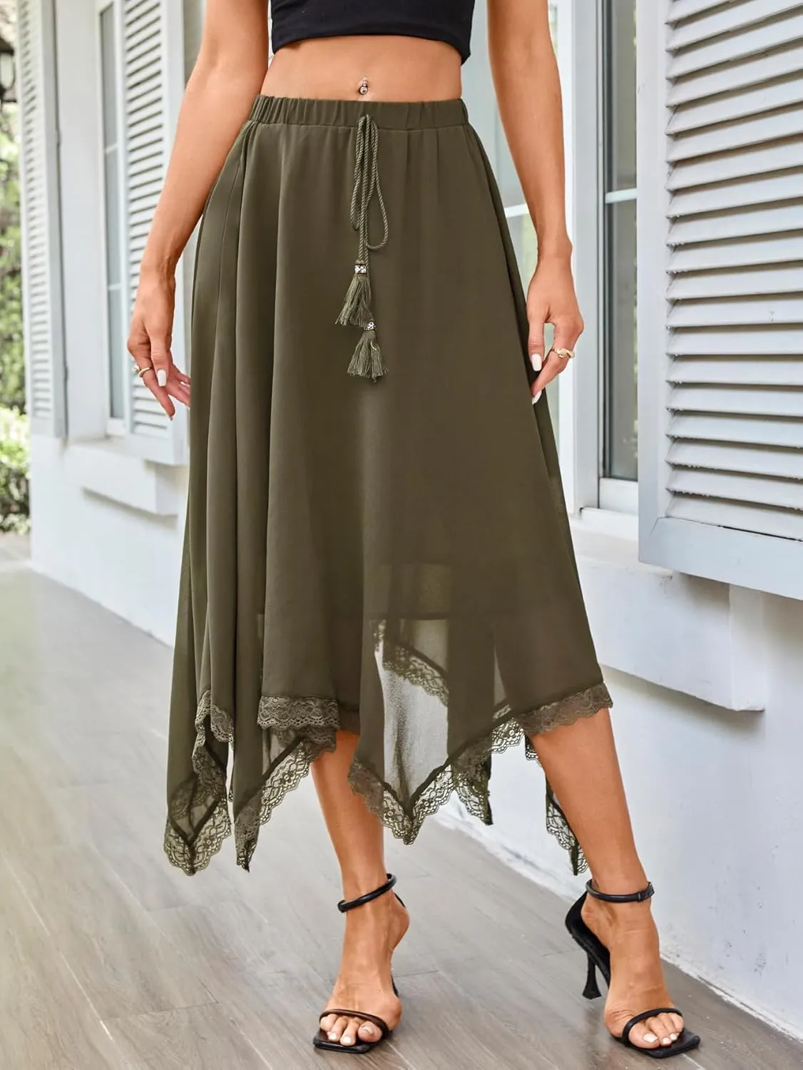 Verdusa Women's Elastic Waist Lace Trim Asymmetrical Flowy Long Skirt
