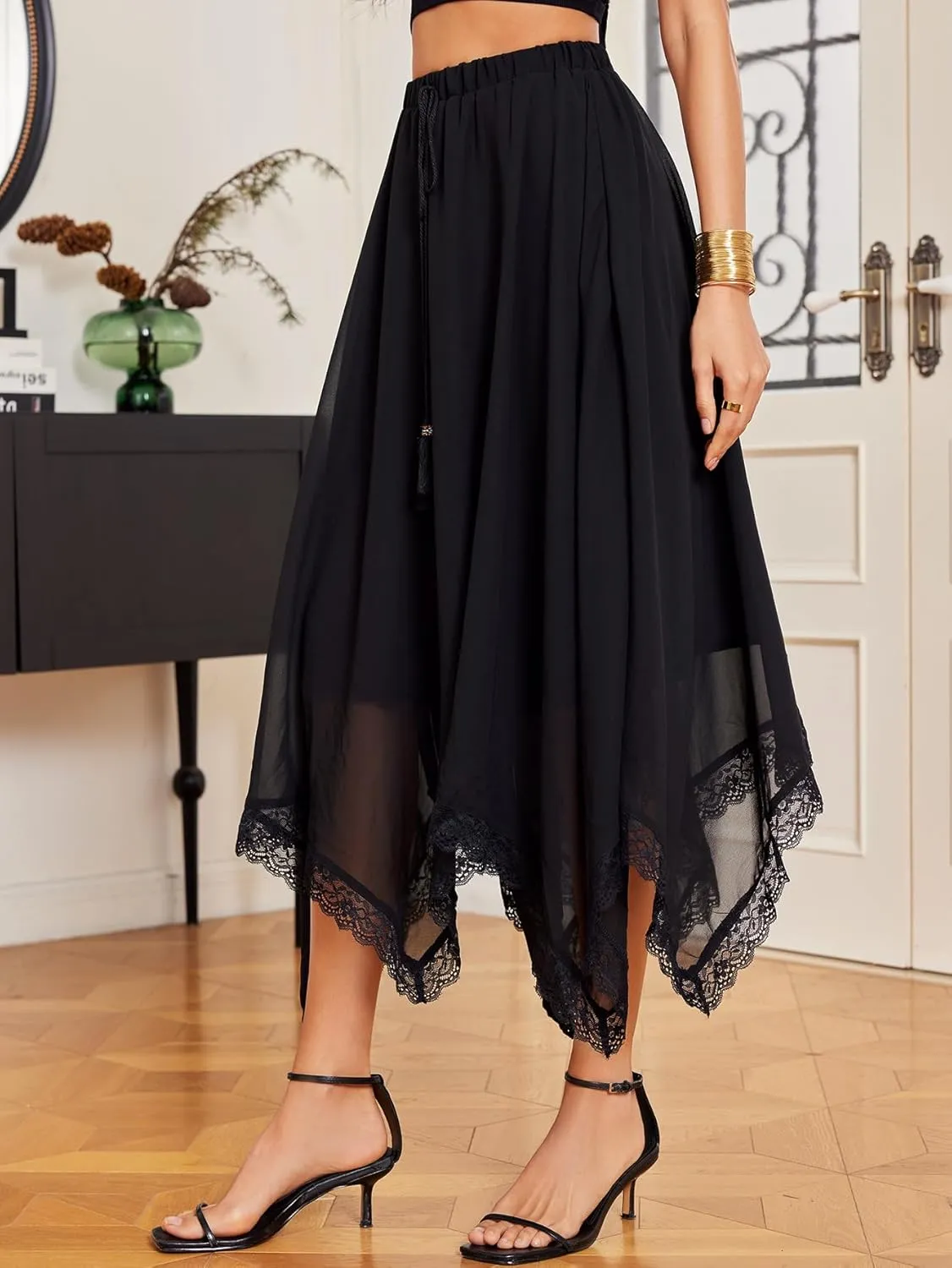 Verdusa Women's Elastic Waist Lace Trim Asymmetrical Flowy Long Skirt