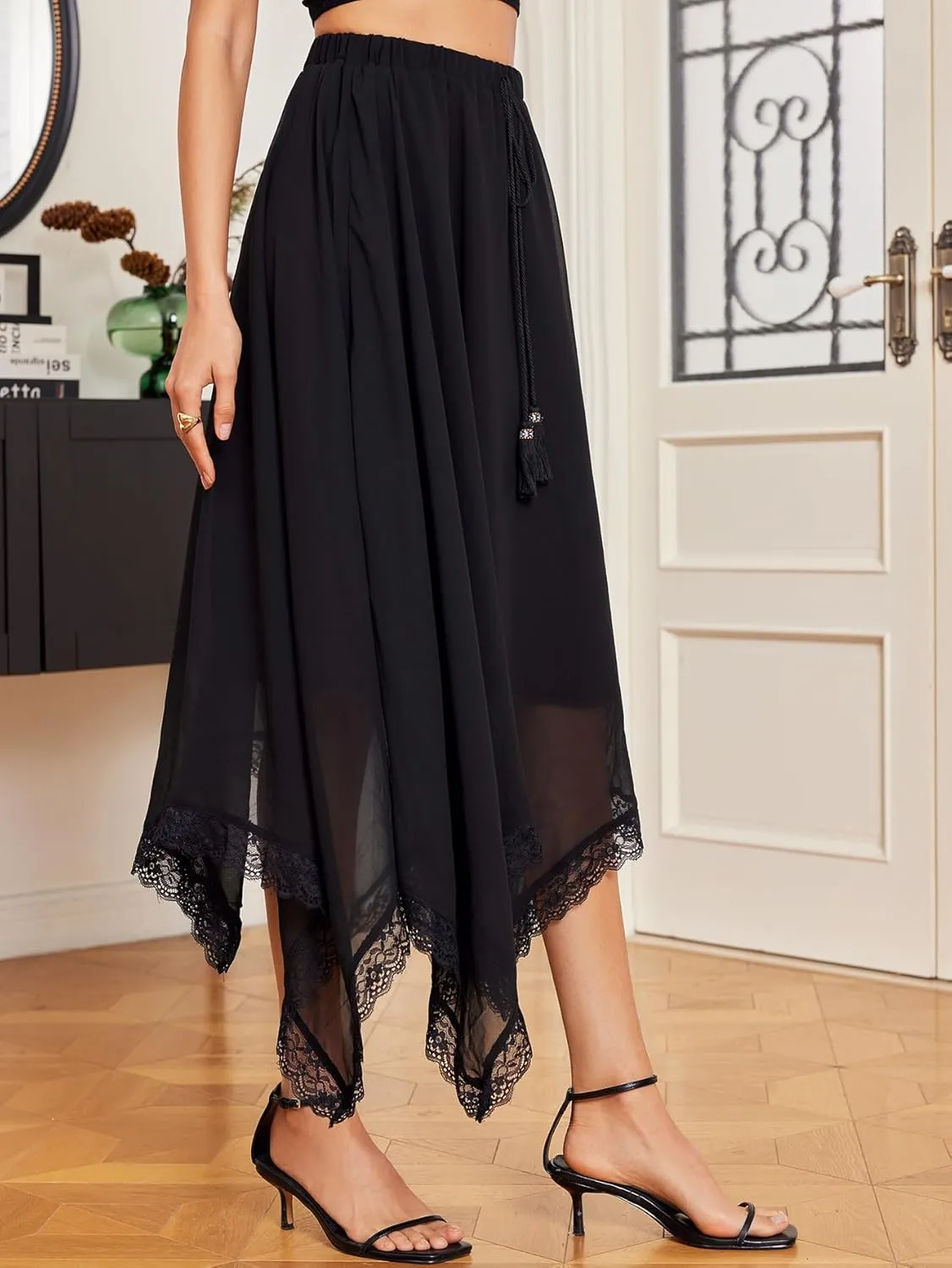 Verdusa Women's Elastic Waist Lace Trim Asymmetrical Flowy Long Skirt
