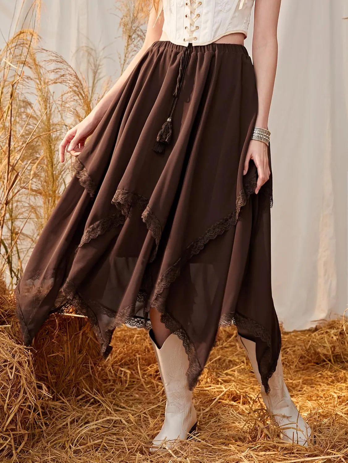 Verdusa Women's Elastic Waist Lace Trim Asymmetrical Flowy Long Skirt