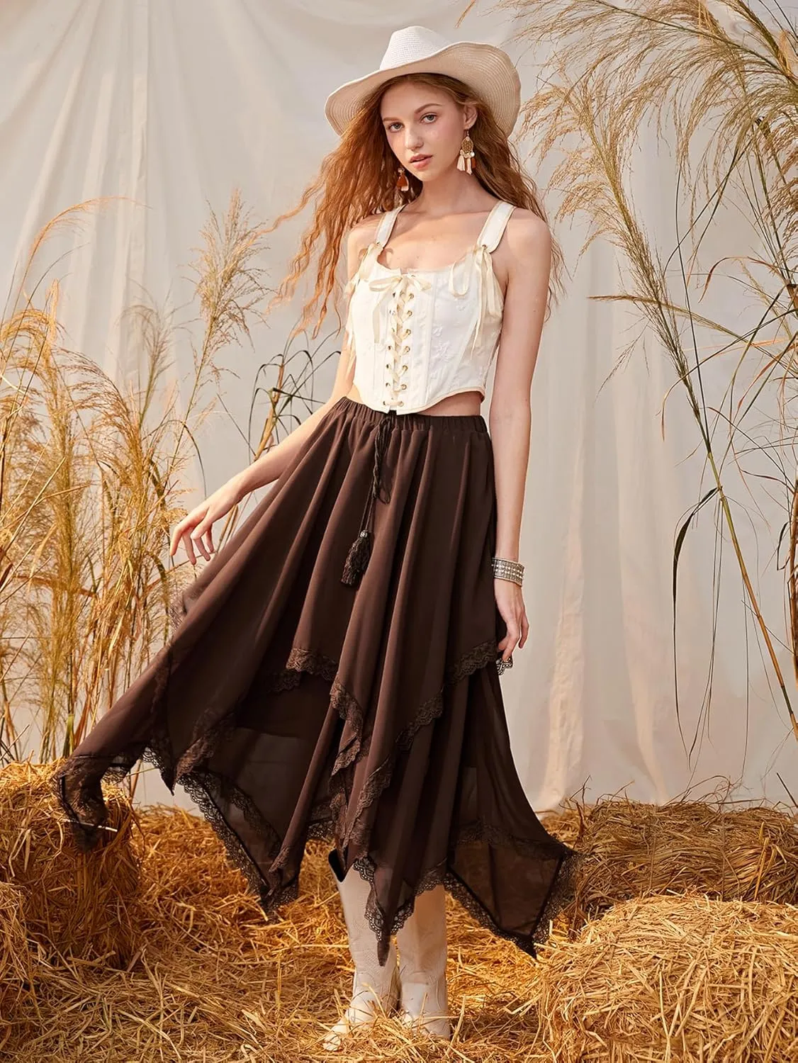 Verdusa Women's Elastic Waist Lace Trim Asymmetrical Flowy Long Skirt
