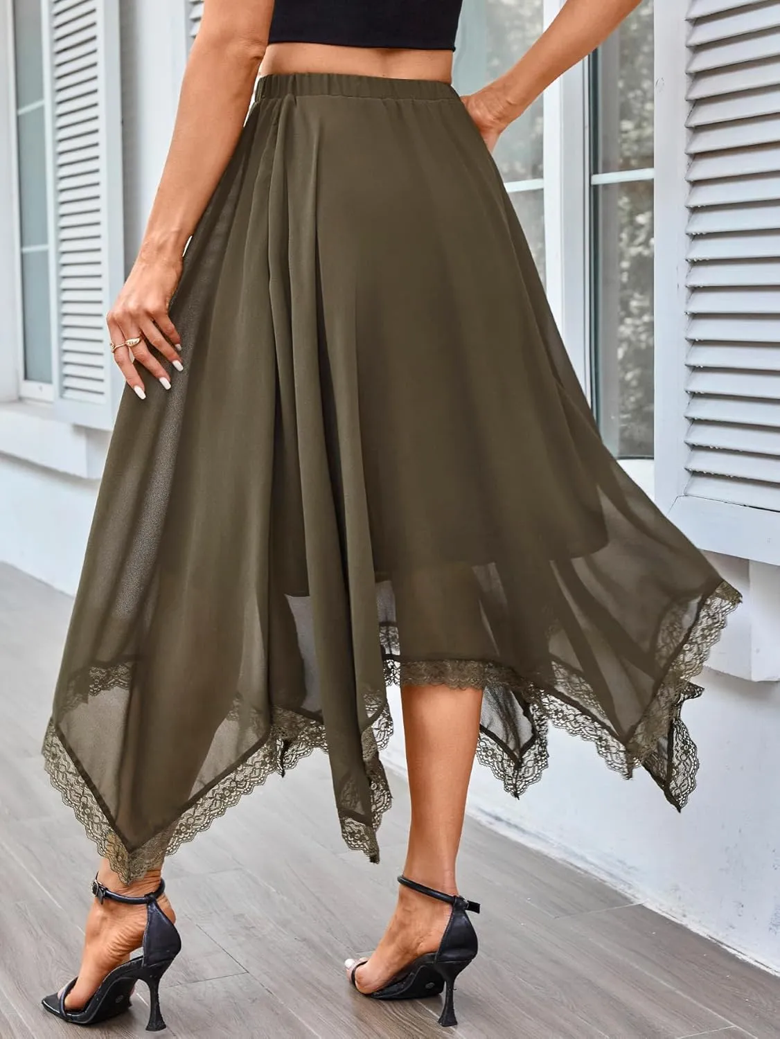 Verdusa Women's Elastic Waist Lace Trim Asymmetrical Flowy Long Skirt