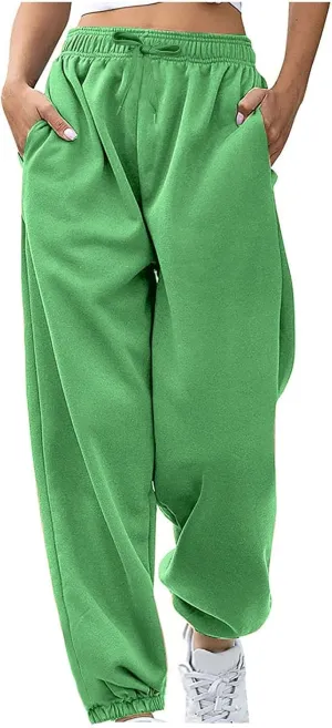 Women Basic Fleece Sweatpants High Waisted Drawstring Cinch Bottom Trousers Baggy Lounge Sporty Jogger Pant Pocketed