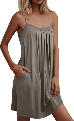Women Basic Pleats Front Cami Dress Summer Sleeveless Crewneck Loungewear Tank Dresses Comfy Mini Pjs Dress Pocketed