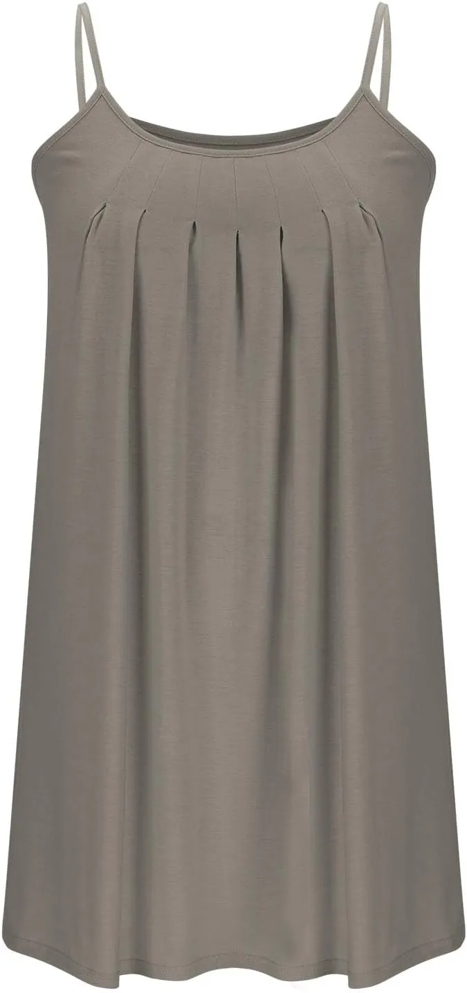Women Basic Pleats Front Cami Dress Summer Sleeveless Crewneck Loungewear Tank Dresses Comfy Mini Pjs Dress Pocketed