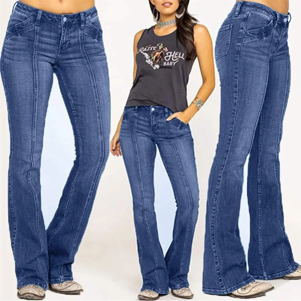 Women Bell Bottom Jeans Mid Waisted Flare Jeans Stretch Bootcut Jeans with Classic Wide Leg Denim Pants