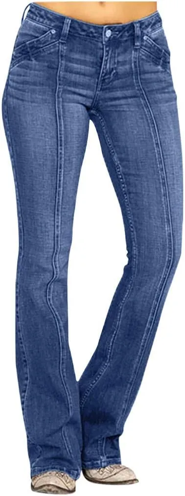 Women Bell Bottom Jeans Mid Waisted Flare Jeans Stretch Bootcut Jeans with Classic Wide Leg Denim Pants