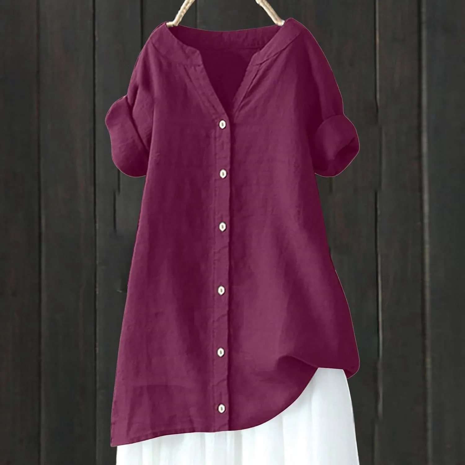 Women Button Up Shirt Plain Long Sleeve Linen Summer Casual Business Blouses Top Loose T-Shirt