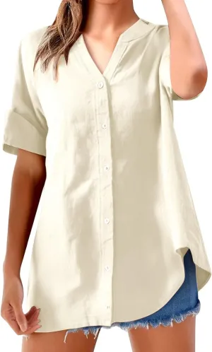 Women Button Up Shirt Plain Long Sleeve Linen Summer Casual Business Blouses Top Loose T-Shirt