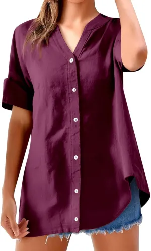 Women Button Up Shirt Plain Long Sleeve Linen Summer Casual Business Blouses Top Loose T-Shirt