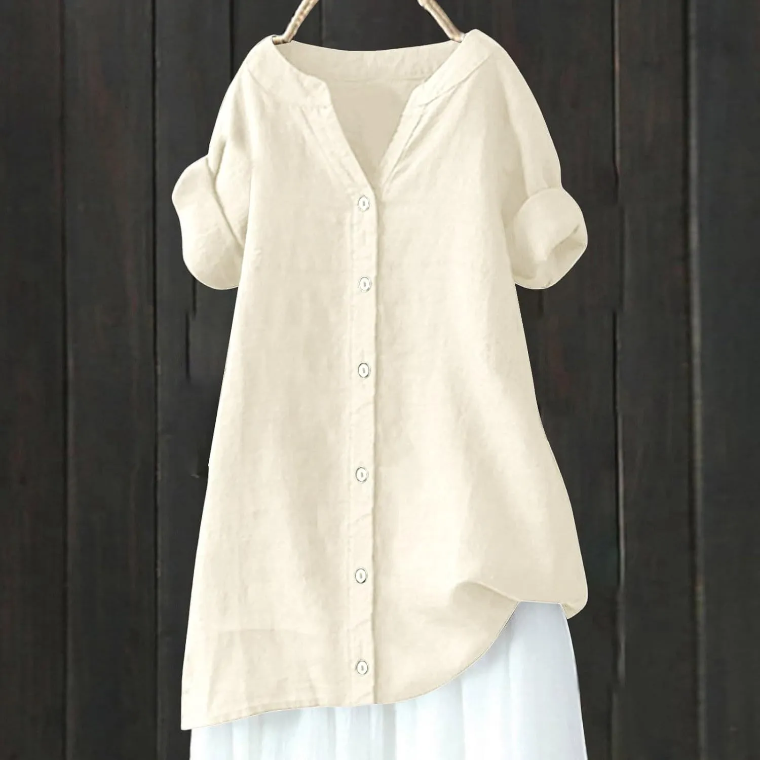 Women Button Up Shirt Plain Long Sleeve Linen Summer Casual Business Blouses Top Loose T-Shirt