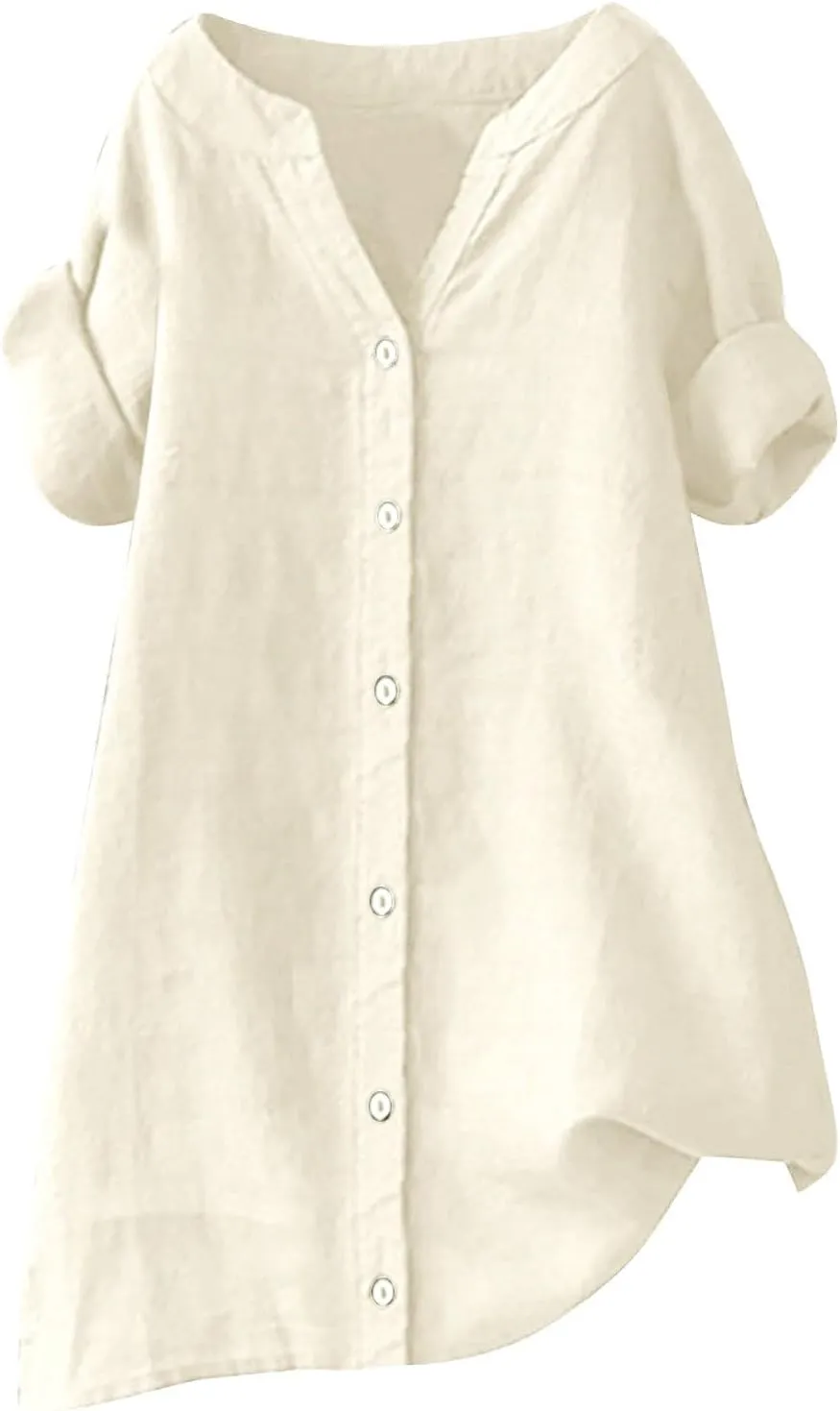 Women Button Up Shirt Plain Long Sleeve Linen Summer Casual Business Blouses Top Loose T-Shirt