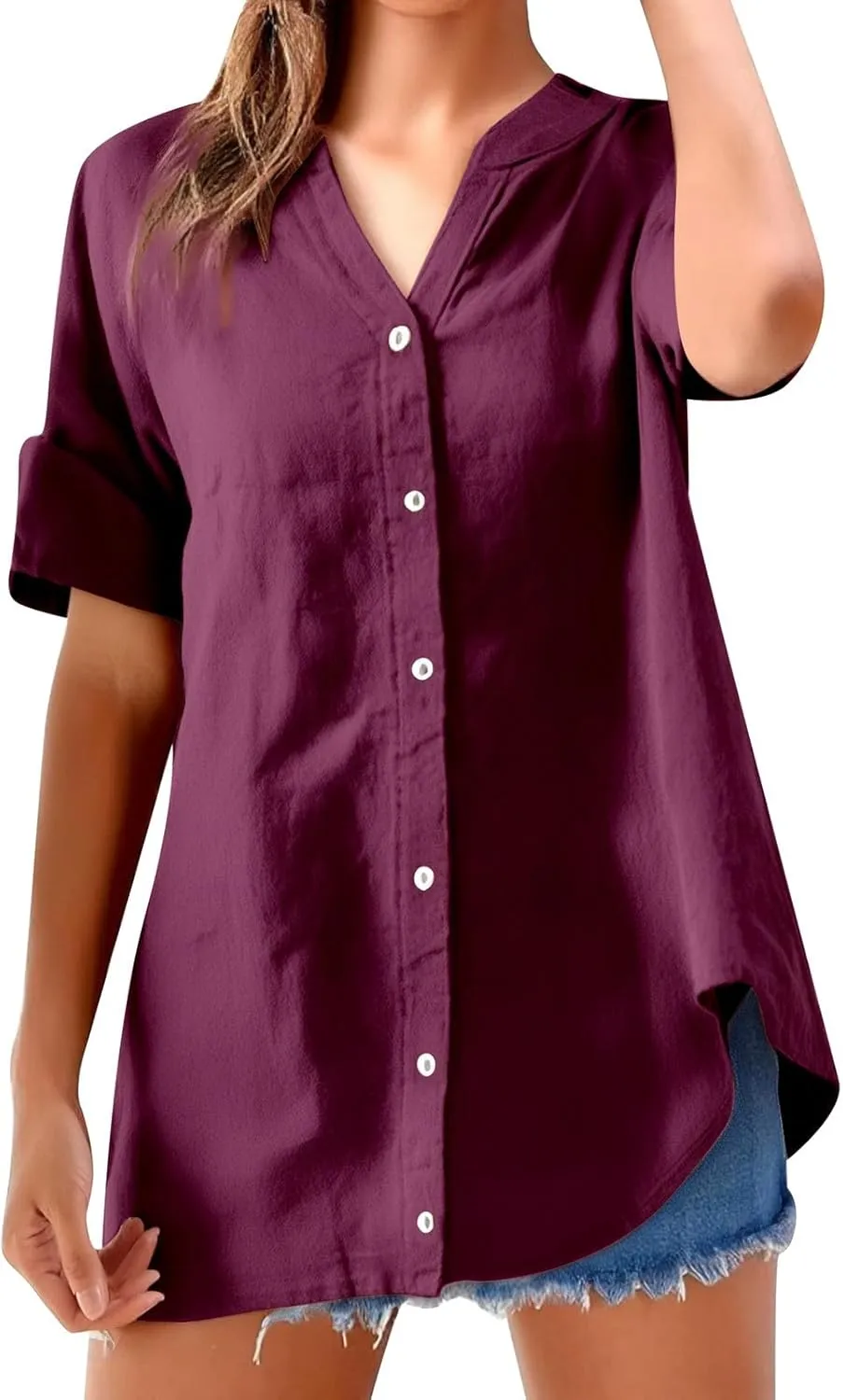 Women Button Up Shirt Plain Long Sleeve Linen Summer Casual Business Blouses Top Loose T-Shirt