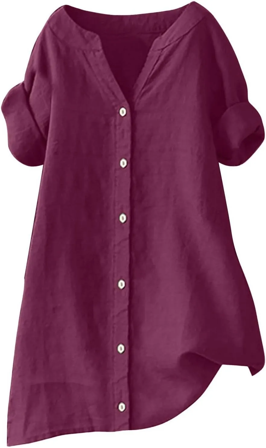 Women Button Up Shirt Plain Long Sleeve Linen Summer Casual Business Blouses Top Loose T-Shirt