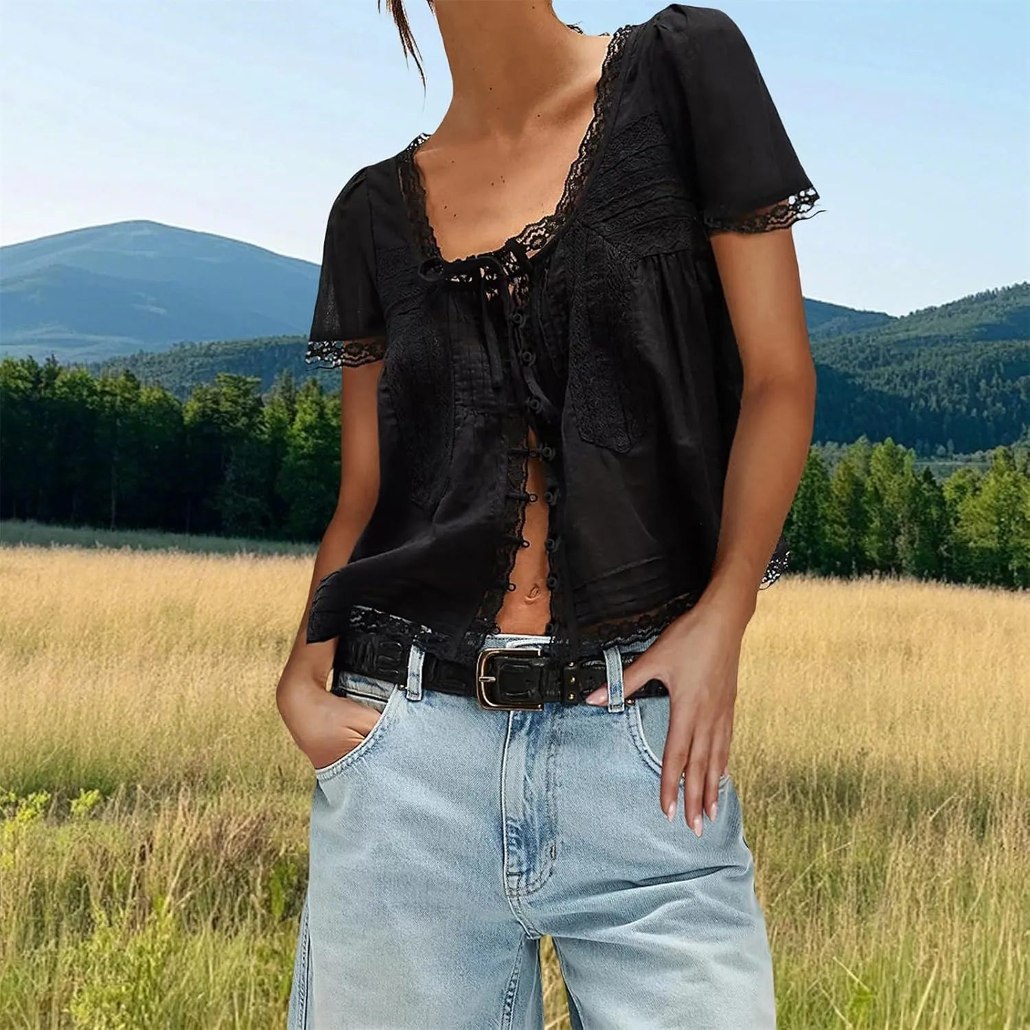 Women Flowy Sheer Lace Ruffle Tops Boho Tie Front Shirts Short Sleeve Eyelet Beach Blouses