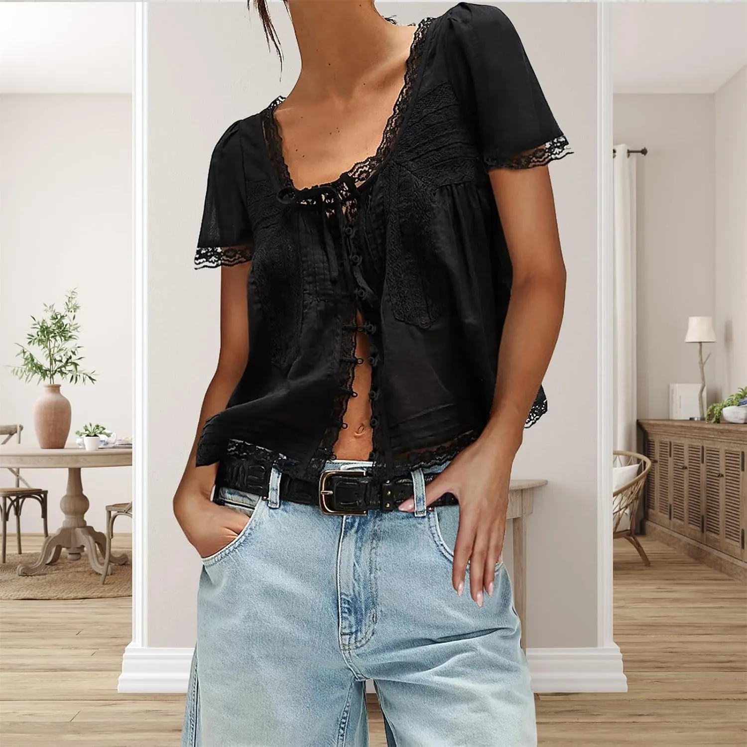 Women Flowy Sheer Lace Ruffle Tops Boho Tie Front Shirts Short Sleeve Eyelet Beach Blouses