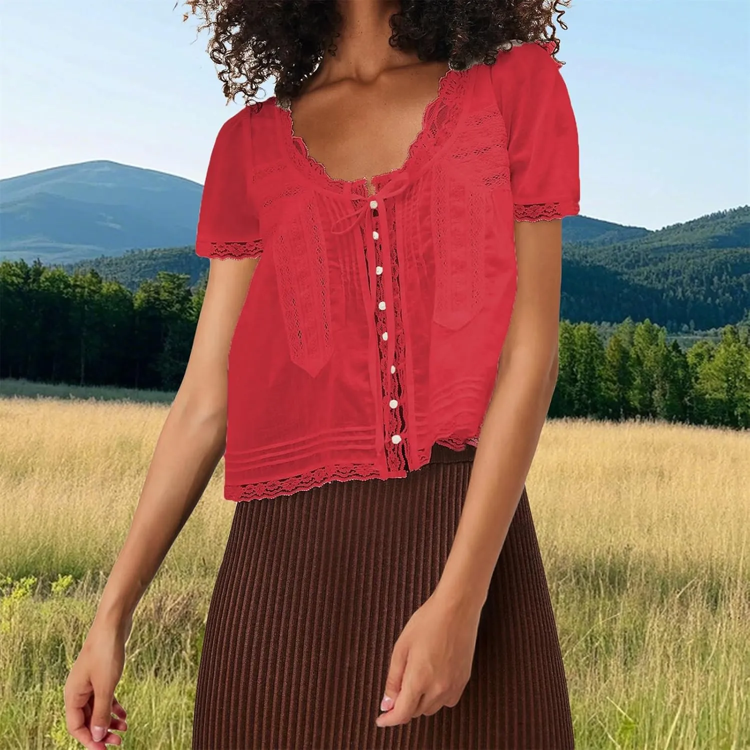 Women Flowy Sheer Lace Ruffle Tops Boho Tie Front Shirts Short Sleeve Eyelet Beach Blouses