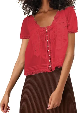 Women Flowy Sheer Lace Ruffle Tops Boho Tie Front Shirts Short Sleeve Eyelet Beach Blouses