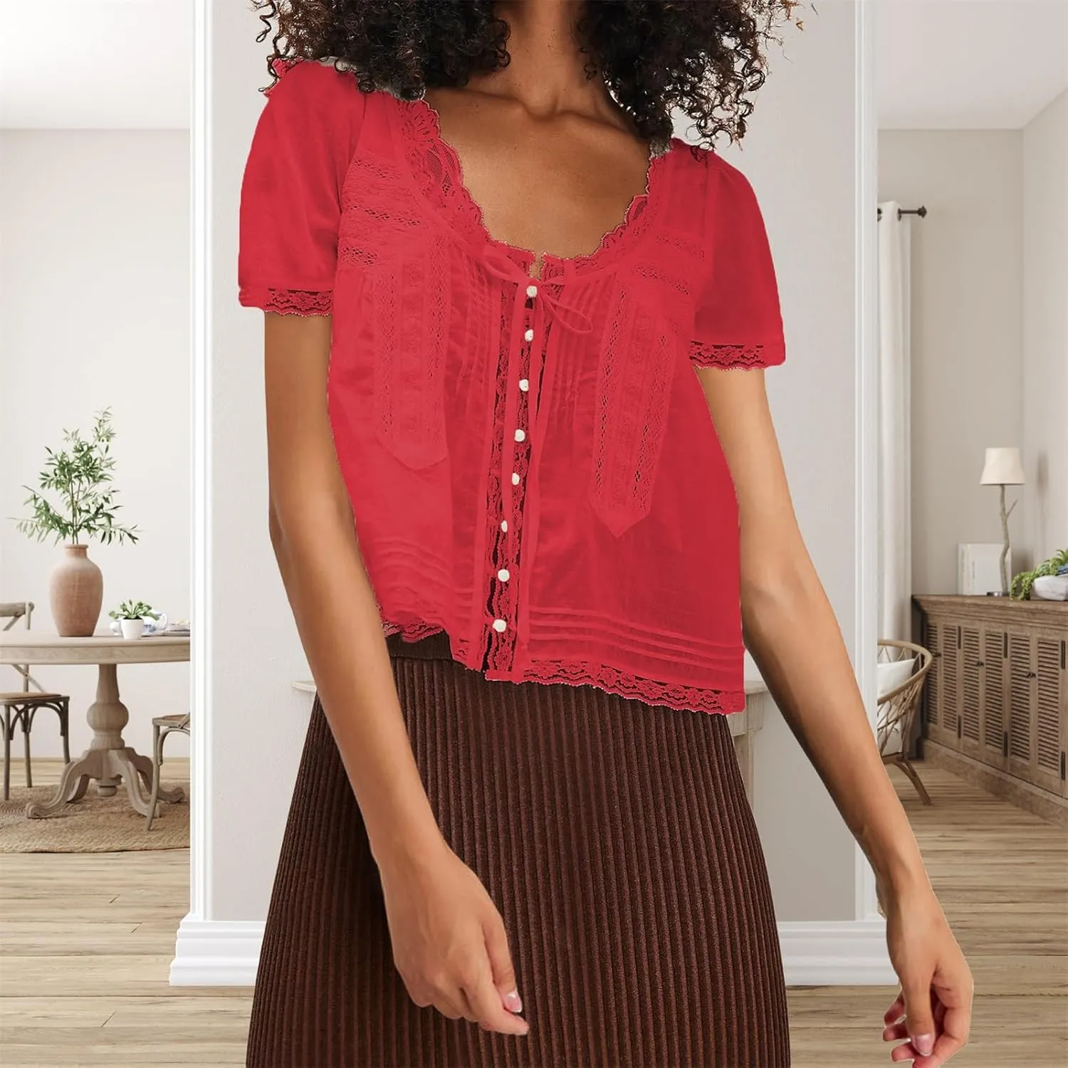 Women Flowy Sheer Lace Ruffle Tops Boho Tie Front Shirts Short Sleeve Eyelet Beach Blouses