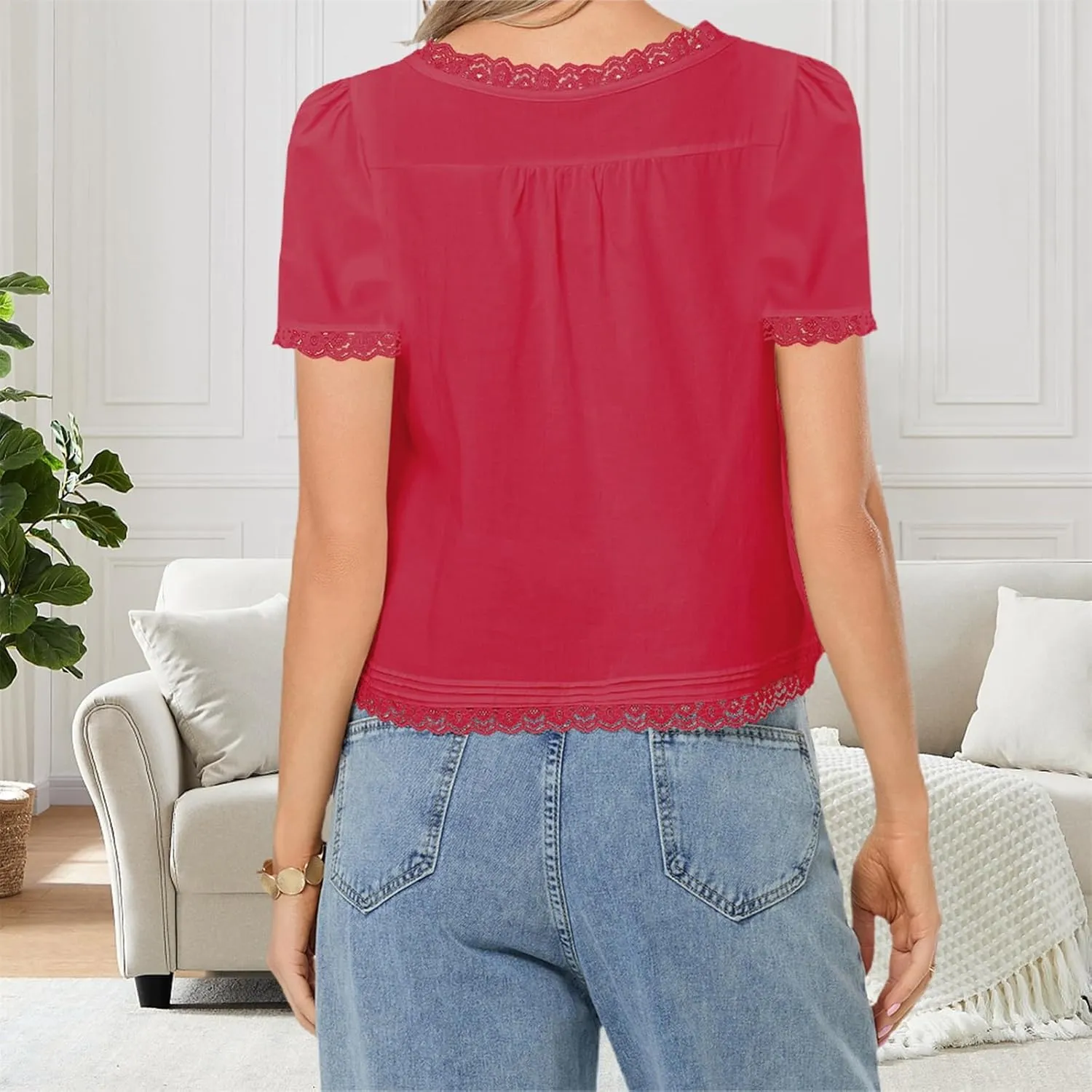 Women Flowy Sheer Lace Ruffle Tops Boho Tie Front Shirts Short Sleeve Eyelet Beach Blouses