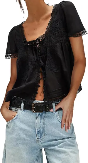 Women Flowy Sheer Lace Ruffle Tops Boho Tie Front Shirts Short Sleeve Eyelet Beach Blouses