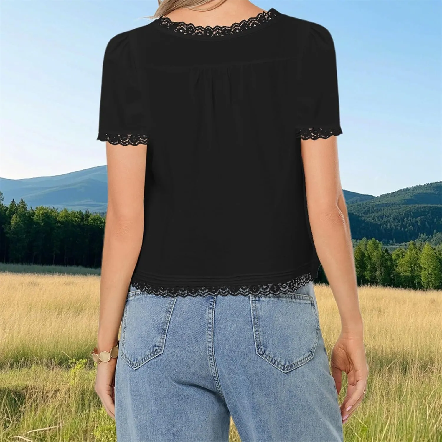 Women Flowy Sheer Lace Ruffle Tops Boho Tie Front Shirts Short Sleeve Eyelet Beach Blouses
