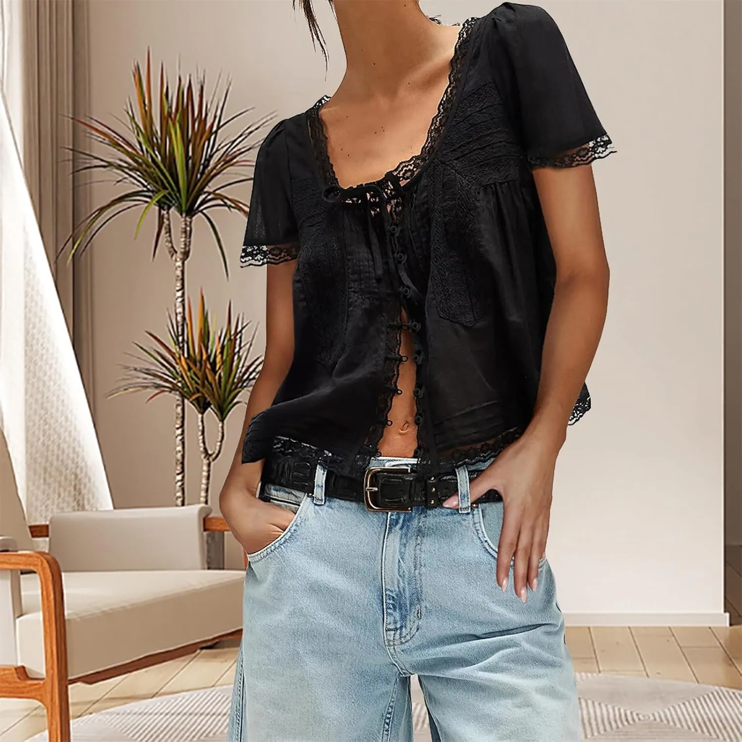 Women Flowy Sheer Lace Ruffle Tops Boho Tie Front Shirts Short Sleeve Eyelet Beach Blouses