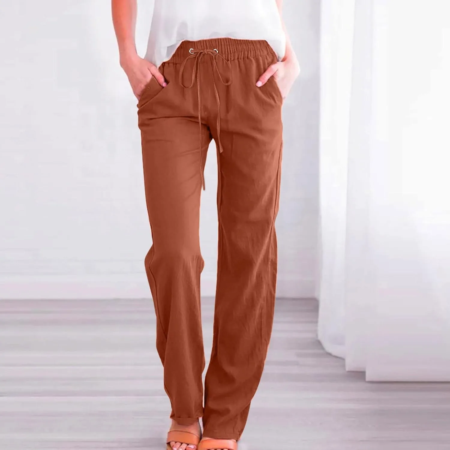 Women High Waisted Wide Leg Solid Color Pants Casual Drawstring Elastic Trousers Comfy Straight Leg Long
