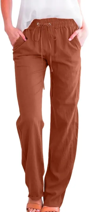 Women High Waisted Wide Leg Solid Color Pants Casual Drawstring Elastic Trousers Comfy Straight Leg Long