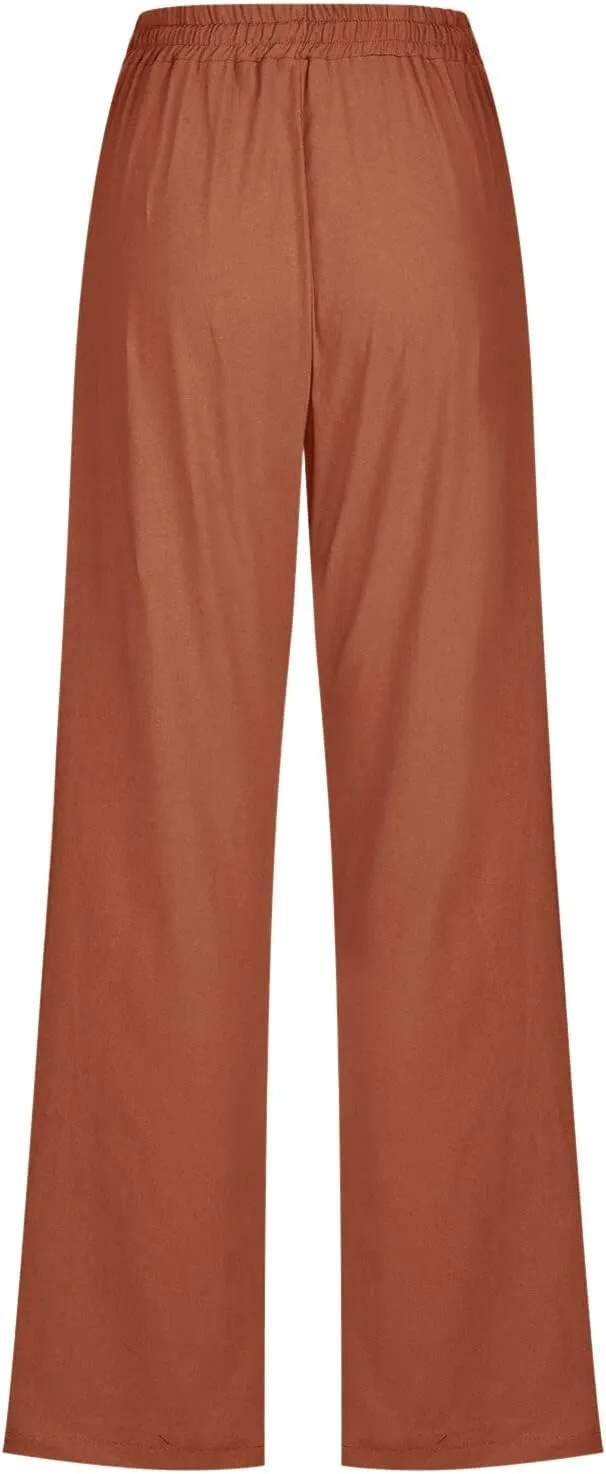 Women High Waisted Wide Leg Solid Color Pants Casual Drawstring Elastic Trousers Comfy Straight Leg Long