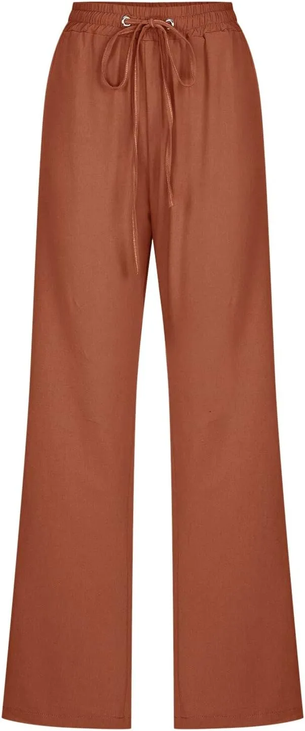 Women High Waisted Wide Leg Solid Color Pants Casual Drawstring Elastic Trousers Comfy Straight Leg Long