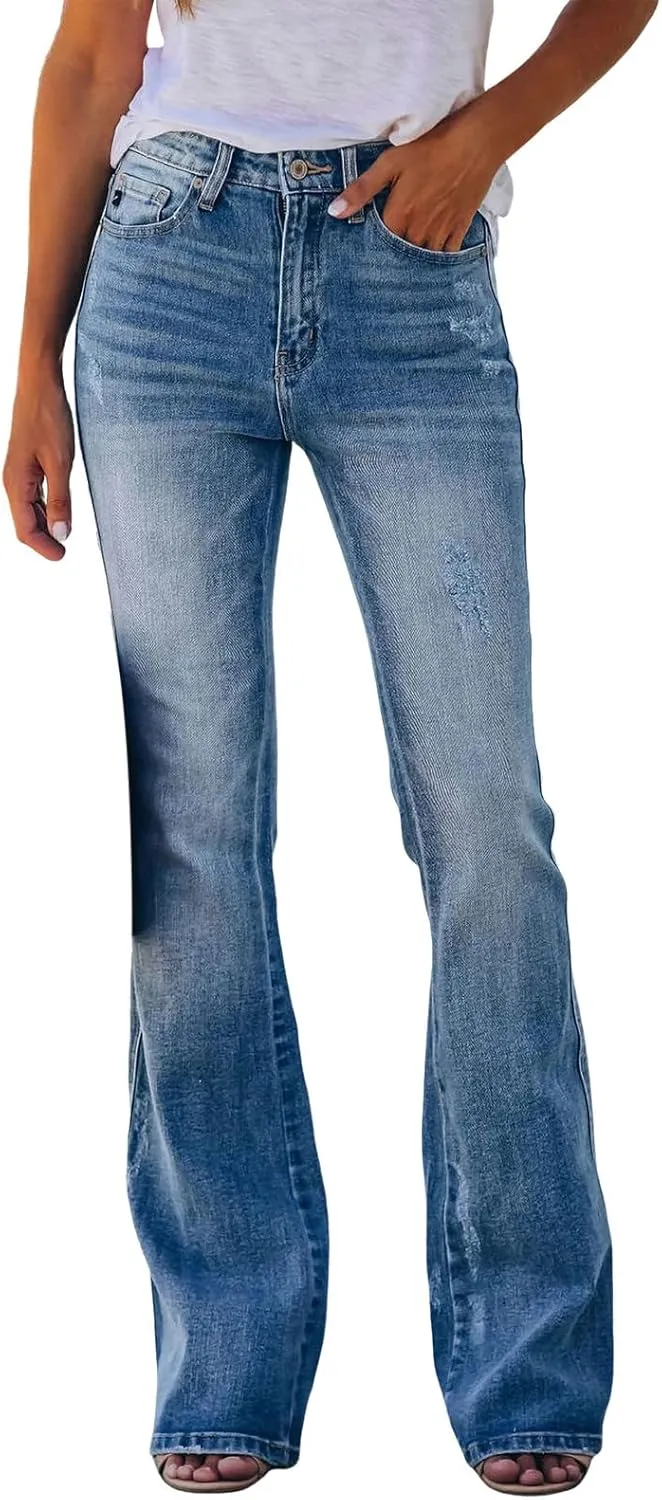 Women Stretch Wide Leg High Waisted Casual Skinny Bell Bottom Jeans Pants Stretch Casual Baggy Zipper plus Size Denim Jeans
