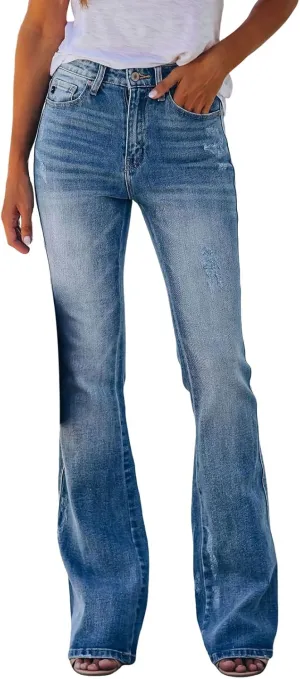 Women Stretch Wide Leg High Waisted Casual Skinny Bell Bottom Jeans Pants Stretch Casual Baggy Zipper plus Size Denim Jeans