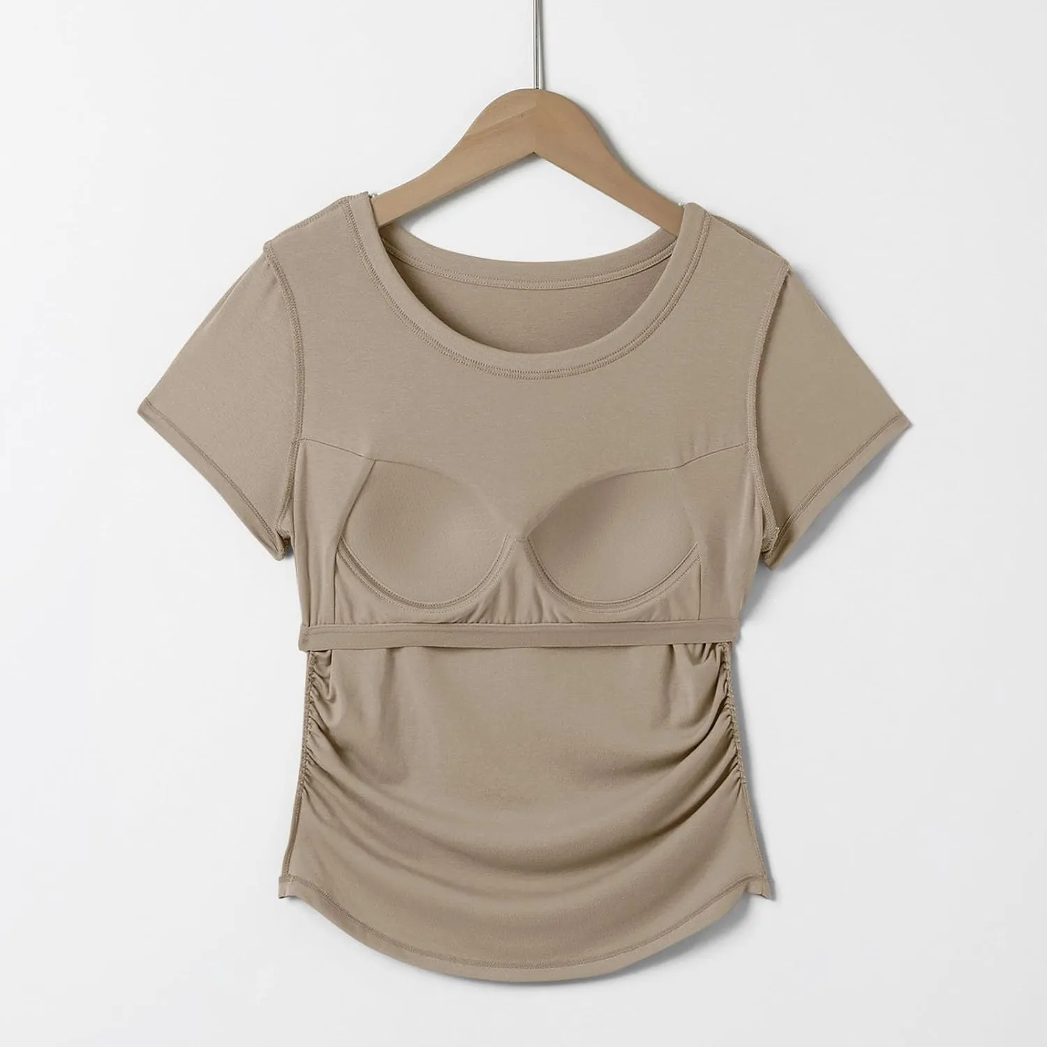 Women Summer Shirts Ruched Side Basic Tees with Built in Shelf Bras Padded Casual Slim Short Sleeve Workout Yoga Tops