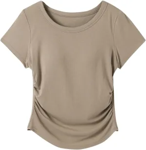Women Summer Shirts Ruched Side Basic Tees with Built in Shelf Bras Padded Casual Slim Short Sleeve Workout Yoga Tops