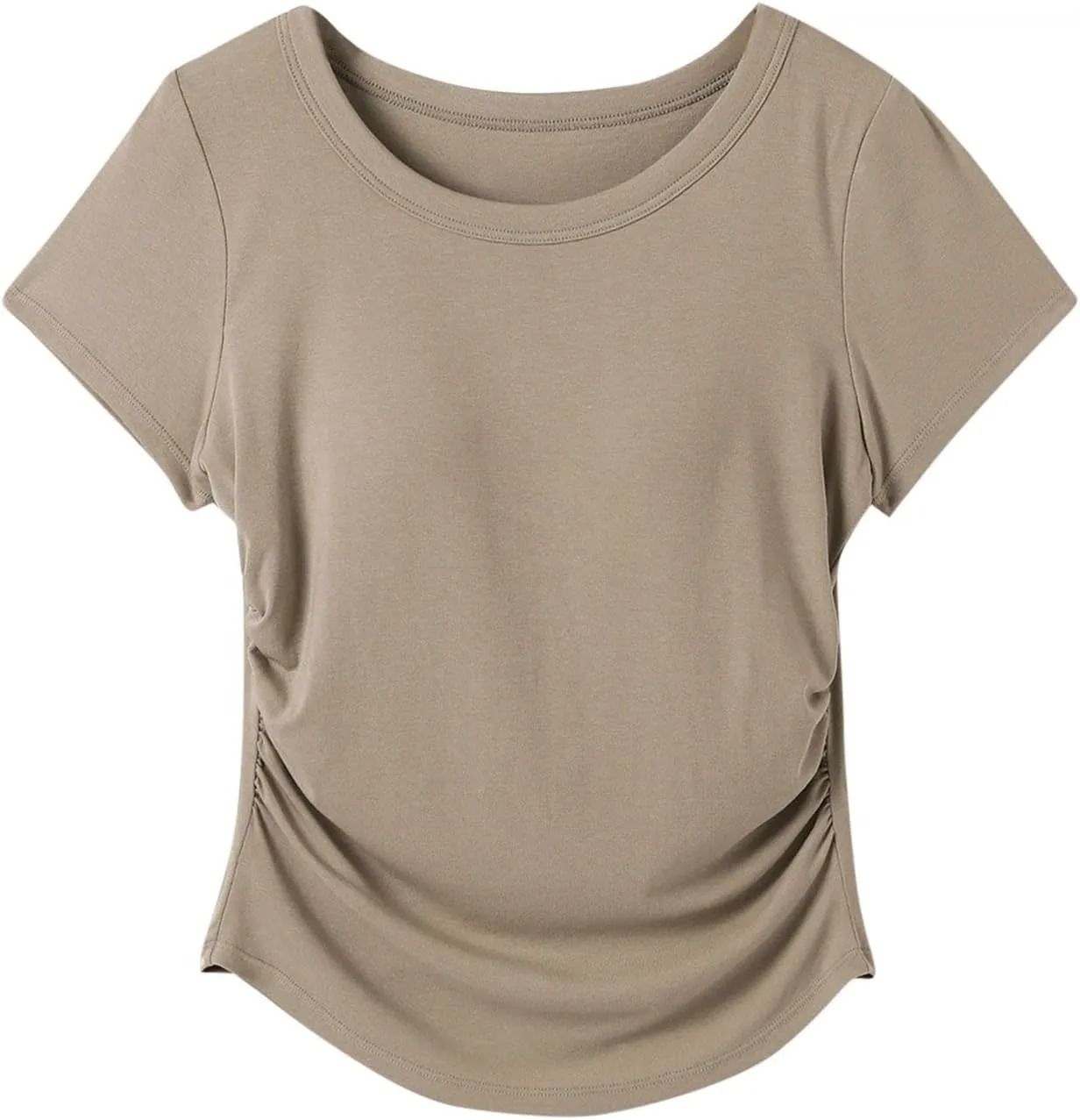 Women Summer Shirts Ruched Side Basic Tees with Built in Shelf Bras Padded Casual Slim Short Sleeve Workout Yoga Tops