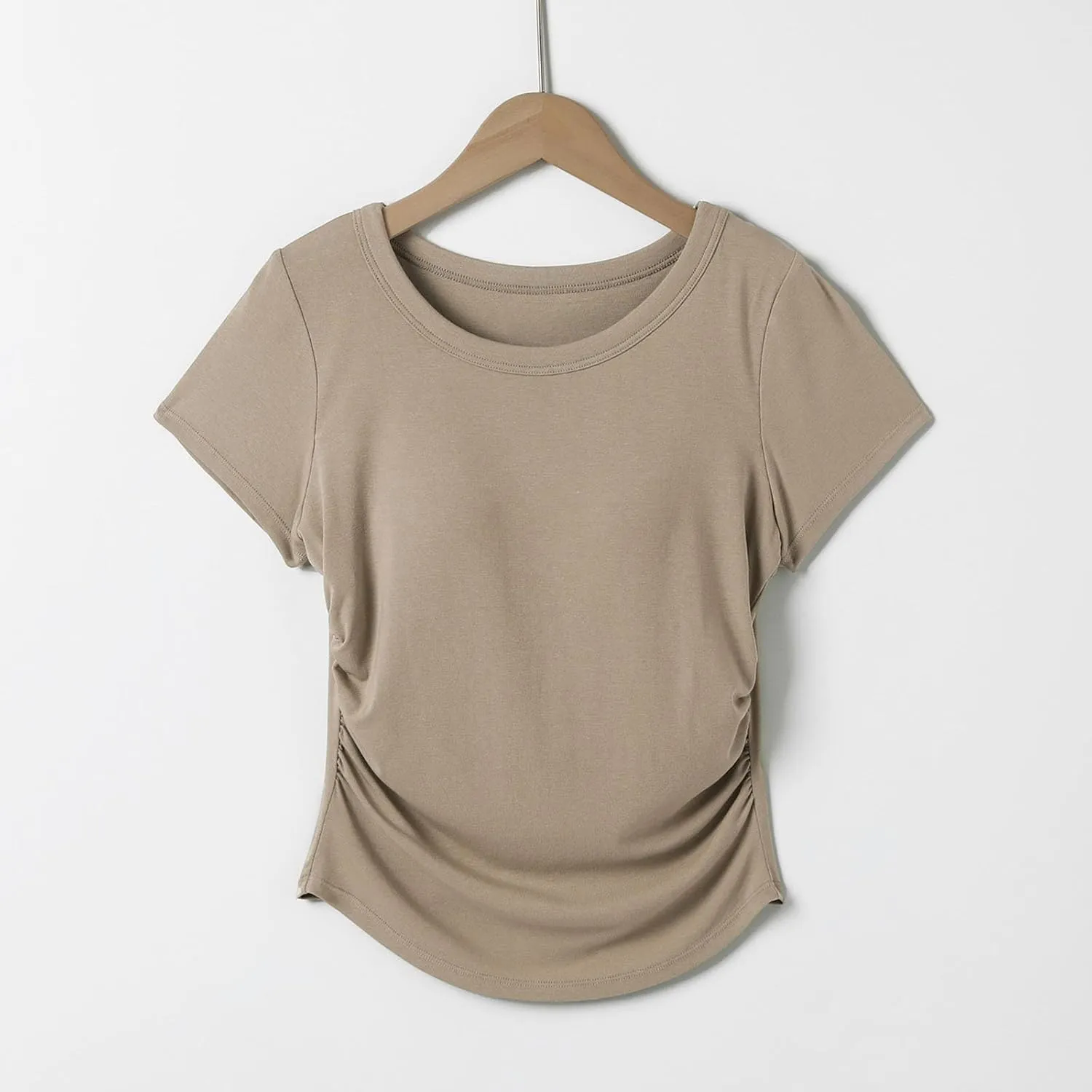 Women Summer Shirts Ruched Side Basic Tees with Built in Shelf Bras Padded Casual Slim Short Sleeve Workout Yoga Tops