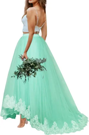 Women Wedding Long Maxi Lace Trim Puffy Tulle Skirt Floor Length with Long Train A Line High Waisted Overskirt for Prom Party