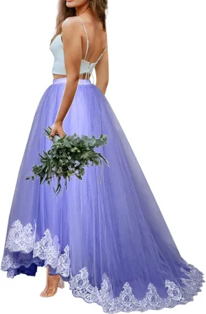 Women Wedding Long Maxi Lace Trim Puffy Tulle Skirt Floor Length with Long Train A Line High Waisted Overskirt for Prom Party