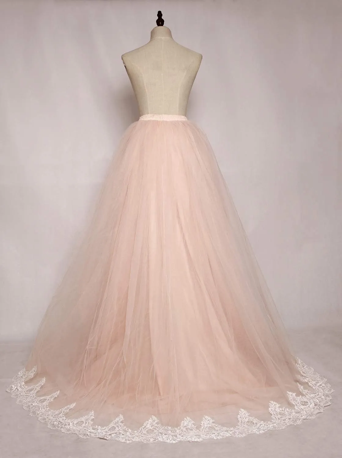 Women Wedding Long Maxi Lace Trim Puffy Tulle Skirt Floor Length with Long Train A Line High Waisted Overskirt for Prom Party
